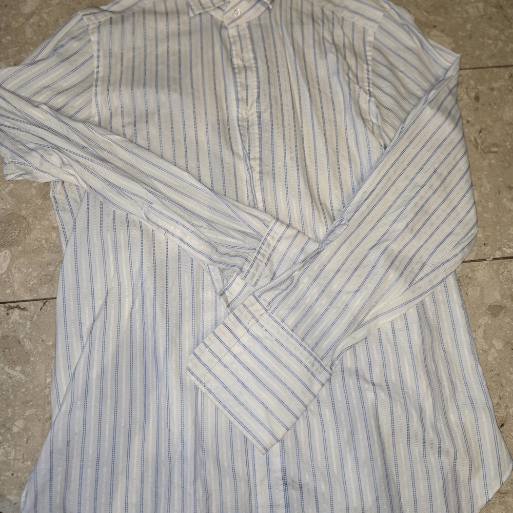 Hugo Boss Selection Men's Blue Striped Shirt With French Cuffs - Size 17
